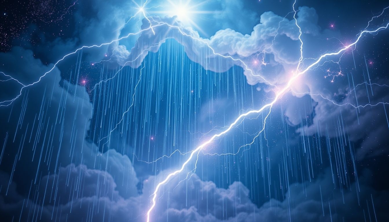 Een regenbui met bliksem symboliseert onverwachte emotionele doorbraken.