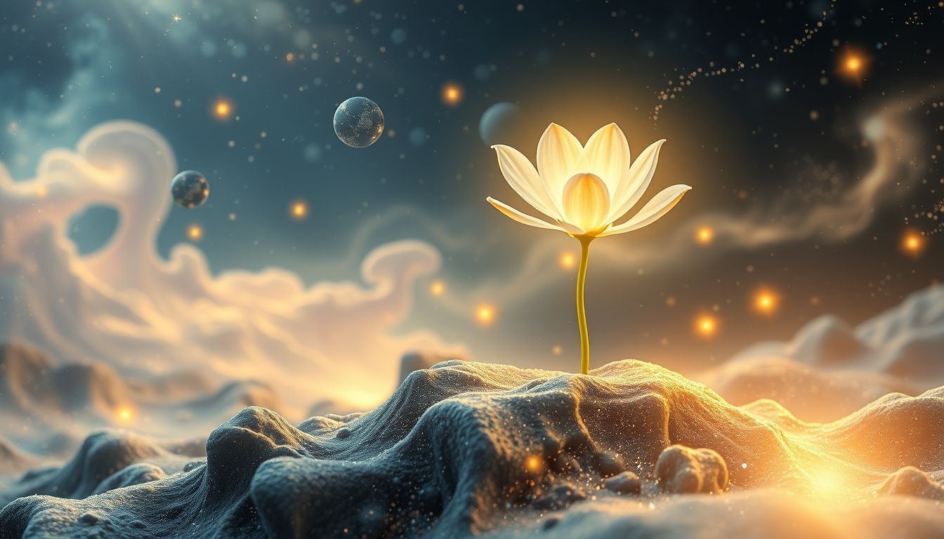 Een bloem in onmogelijke omgeving symboliseert onverwachte groei en hoop.