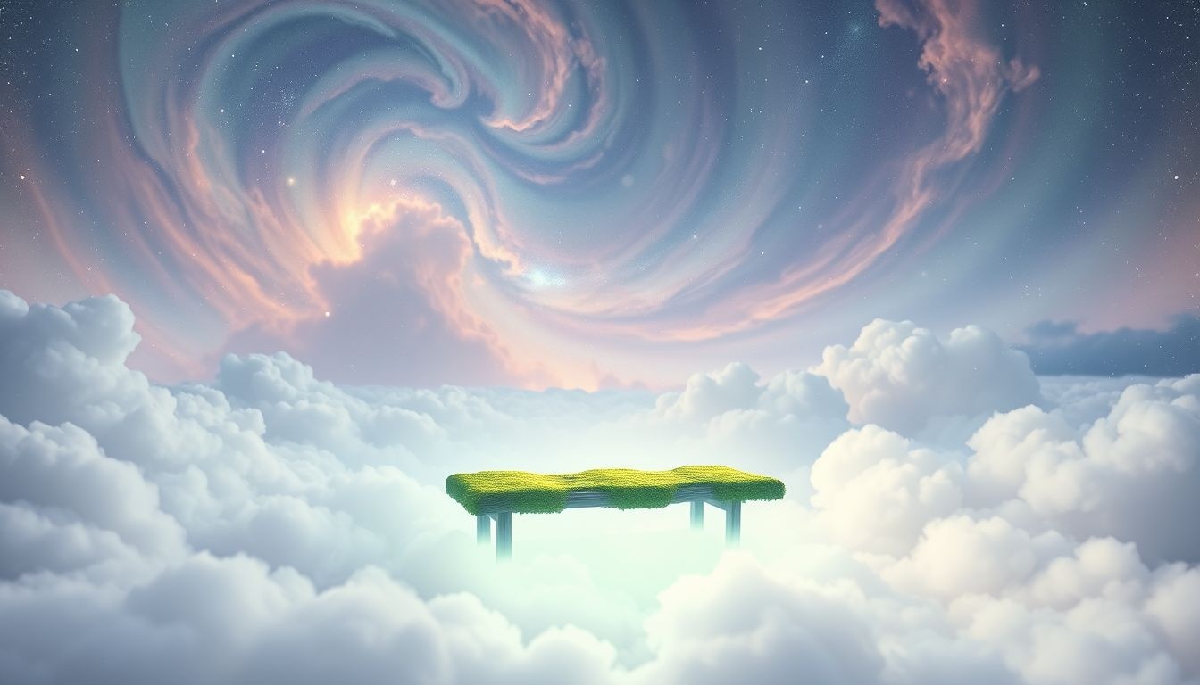 Een mosbank in de lucht symboliseert spirituele rust en verbondenheid.