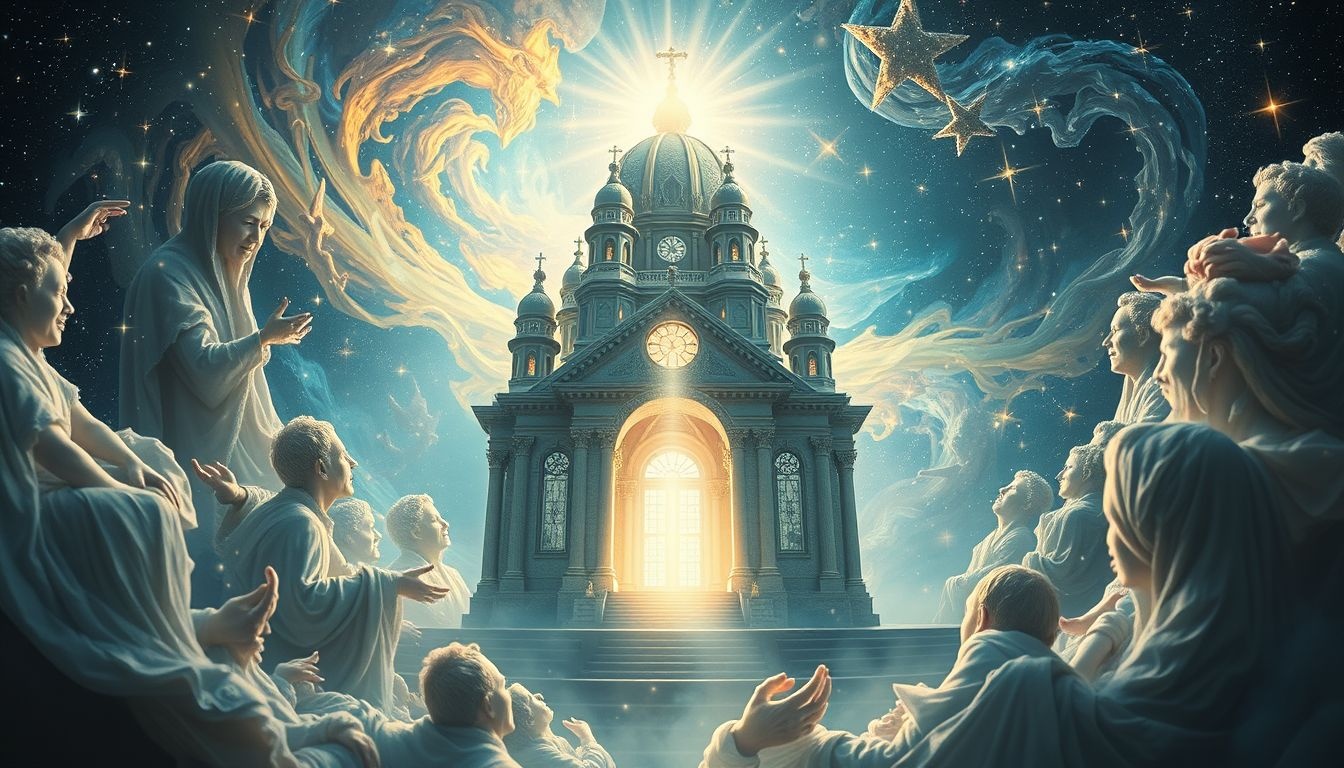 Een religieus gebouw in goddelijk licht symboliseert spirituele verlichting.