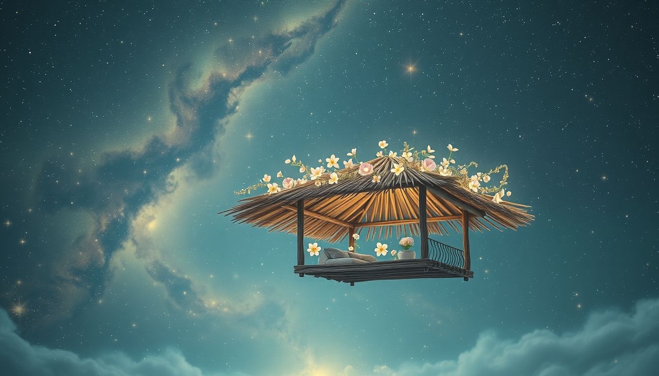 Bloemen op een rietendak symboliseren groei en nieuwe kansen.