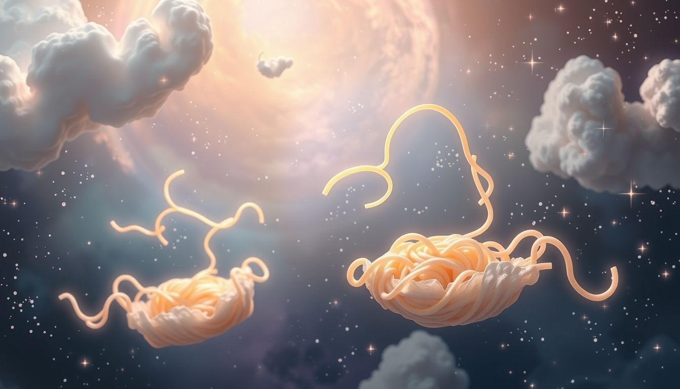 Dromen over vliegende noedels symboliseert onverwachte vrijheid en creativiteit.