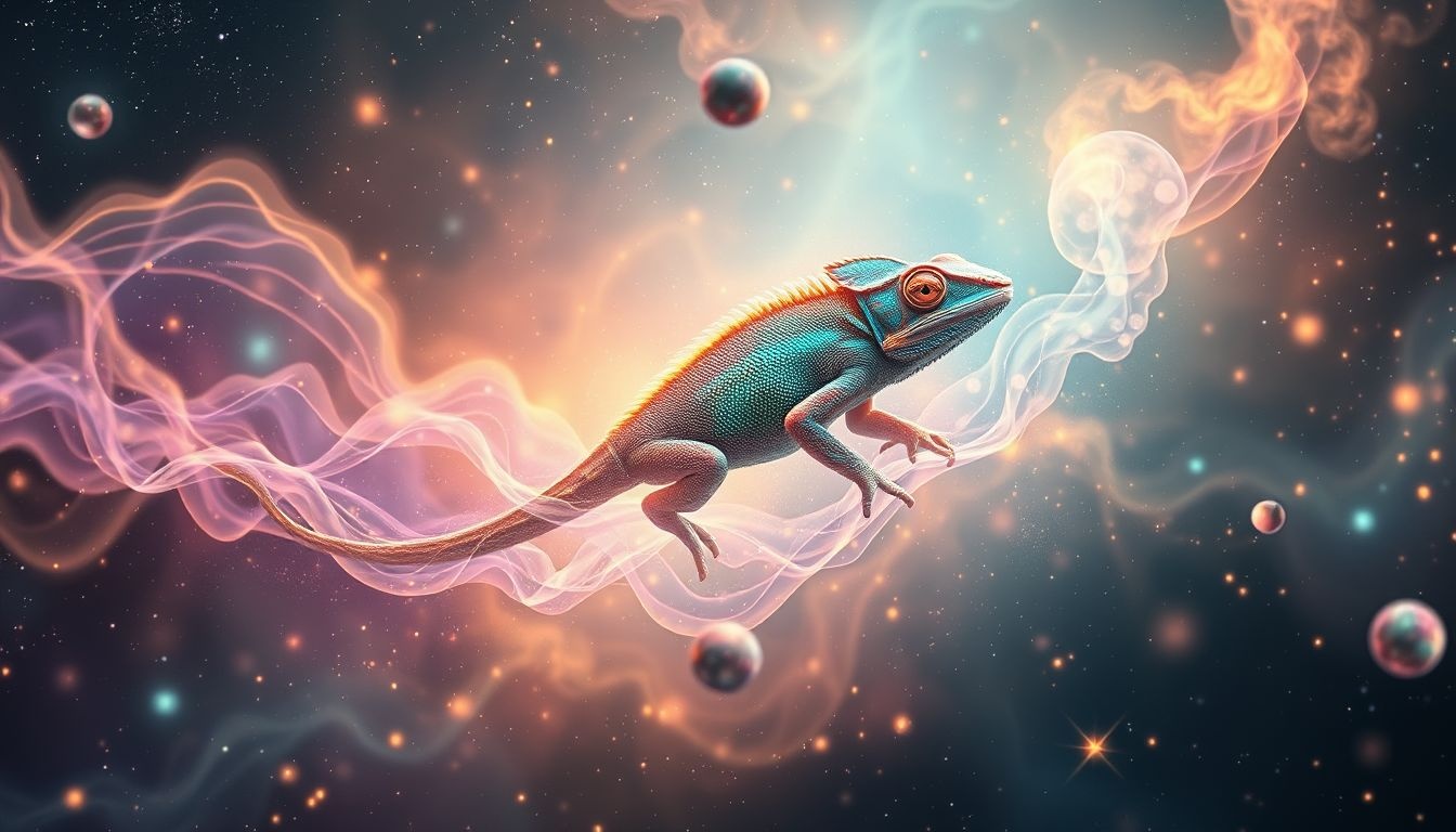 Een rennende kameleon symboliseert het ontvluchten van je ware identiteit.