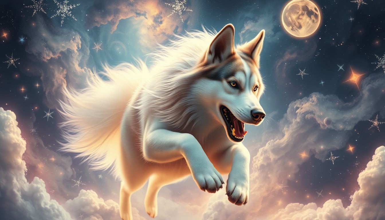Een aanvallende Siberische husky symboliseert innerlijke conflicten en angst.