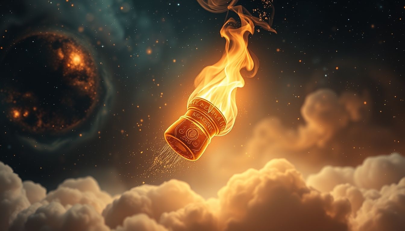 Een brandende champagnekurk symboliseert onverwacht succes en vreugde.