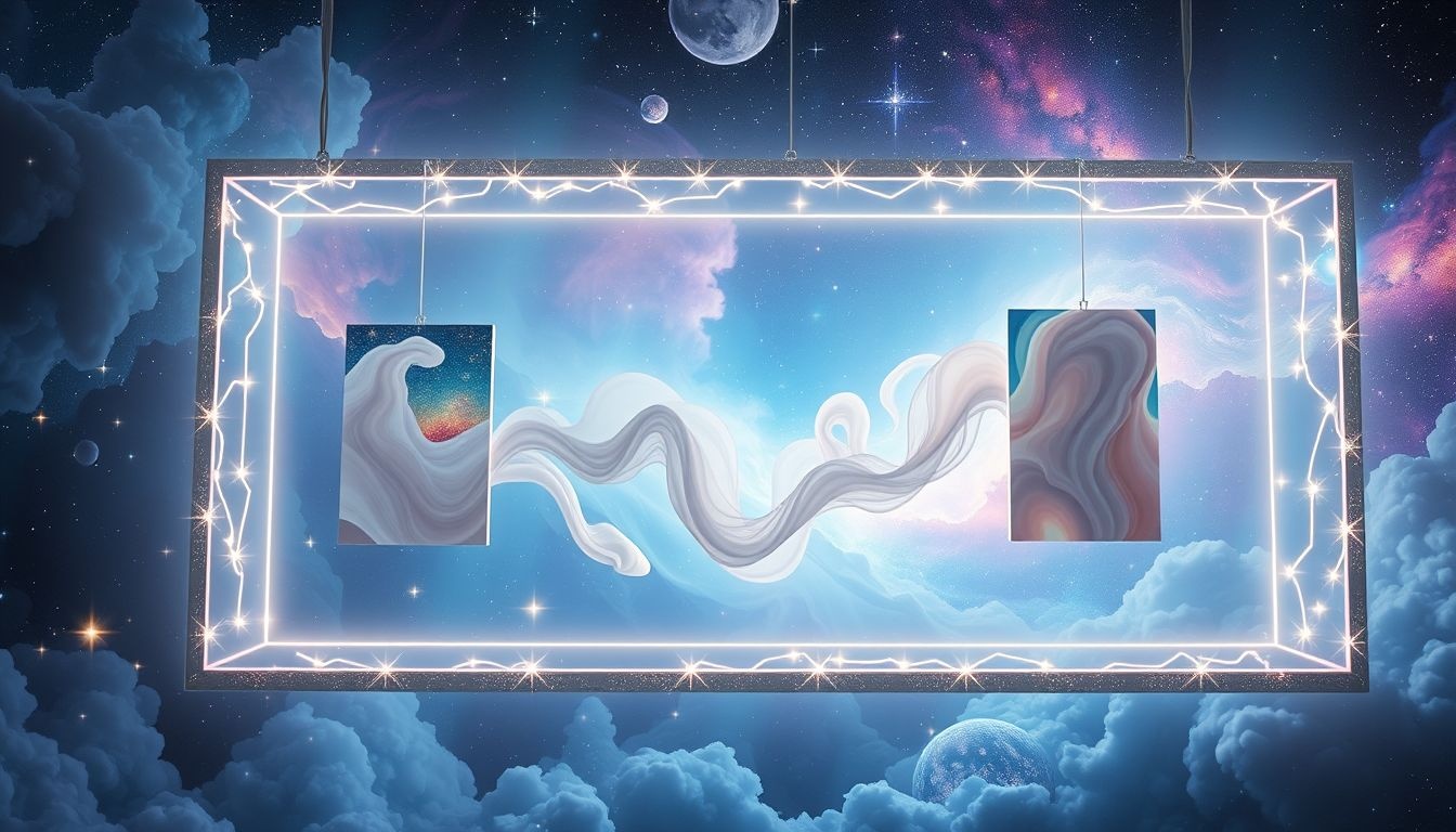 Een etalage vol kunst symboliseert creatieve zelfexpressie en verlangens.