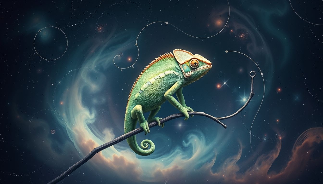 Een kleurloze kameleon symboliseert stagnatie en innerlijke onzekerheid.