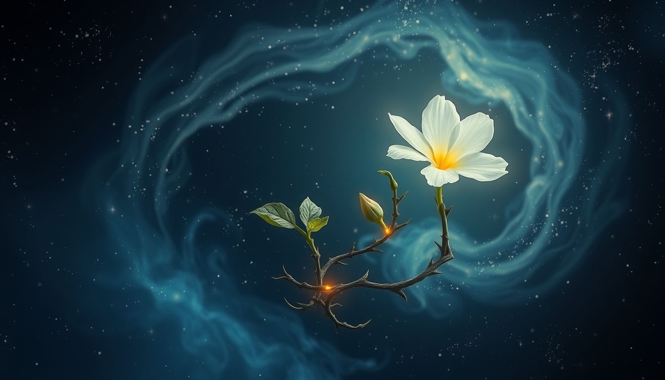 Een sleutelbloem met doornen symboliseert verborgen pijn en bescherming.