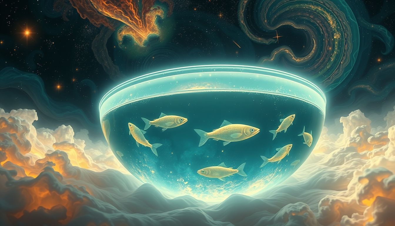 Dromen over gigantische kom visbouillon symboliseert overvloed en heling.