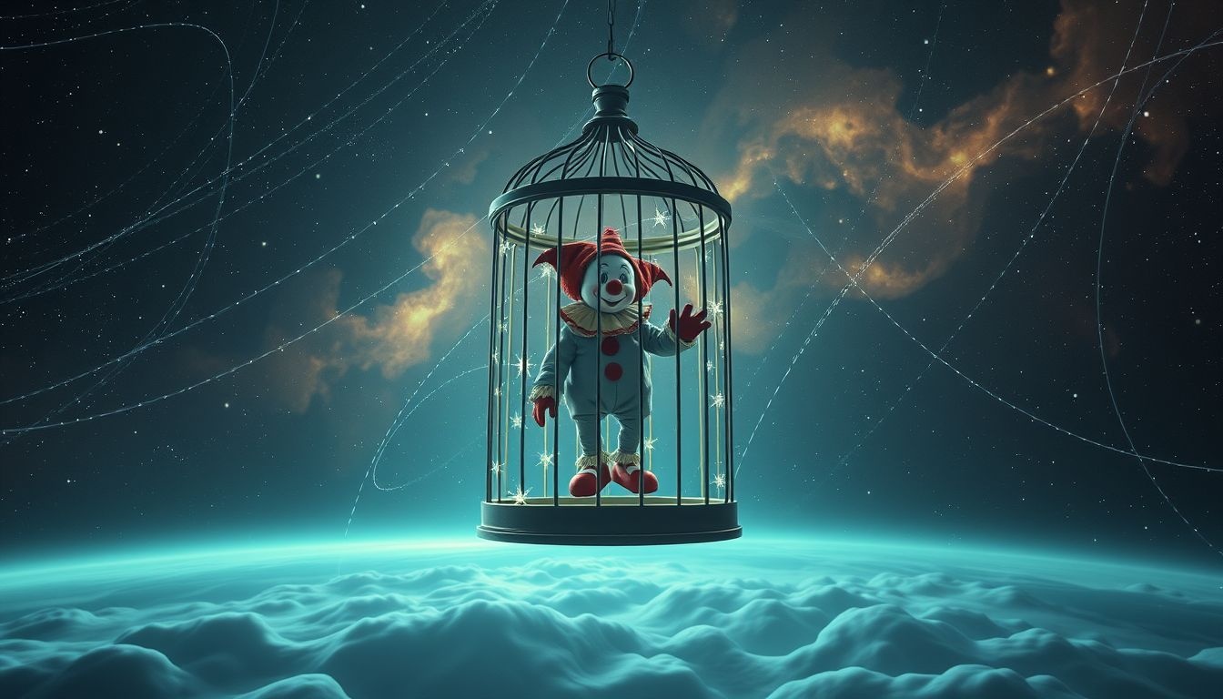 Een poppenclown in een glazen kooi symboliseert gevangen emoties.
