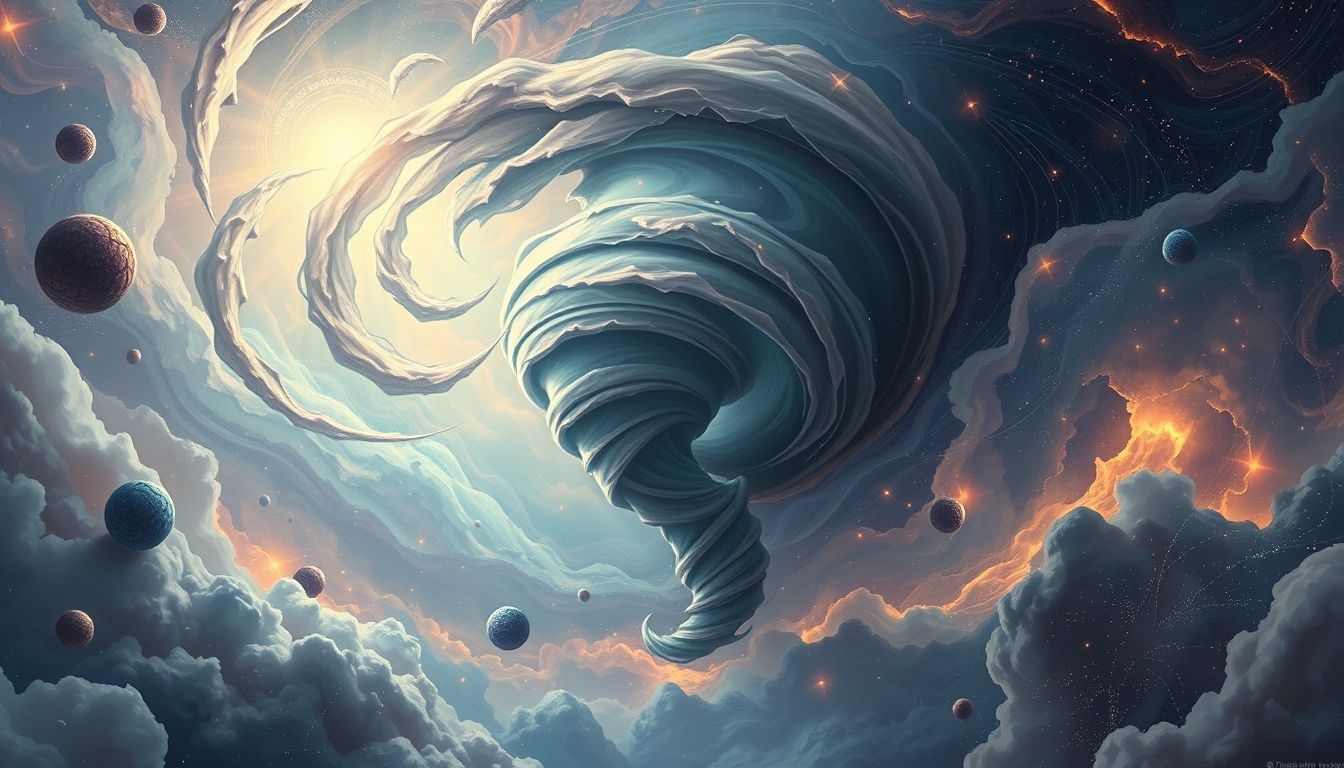 Een draaiende tornado symboliseert plotselinge levensveranderingen en onzekerheid.