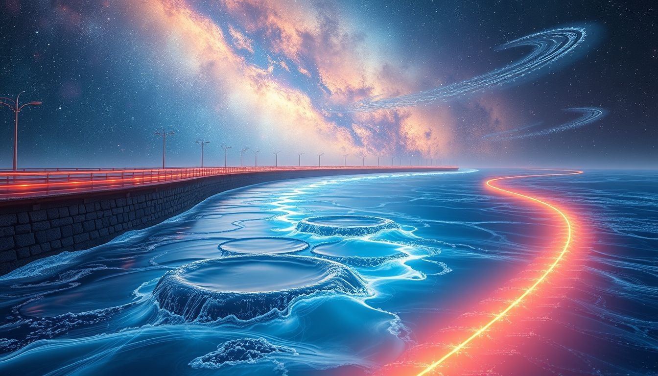 Een spoorwegtalud bij water symboliseert emotionele overgangen en rust.