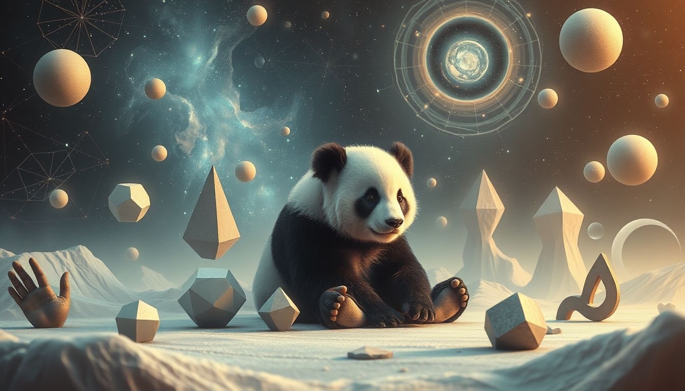 Een panda in onnatuurlijke omgeving symboliseert innerlijke strijd en balans.