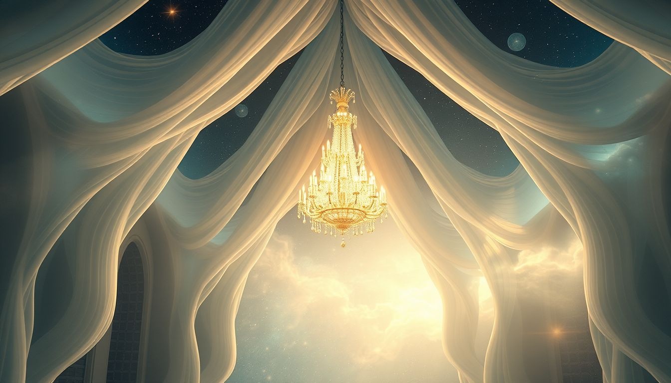Een kroonluchter in een kerk symboliseert spiritueel inzicht en verlichting.