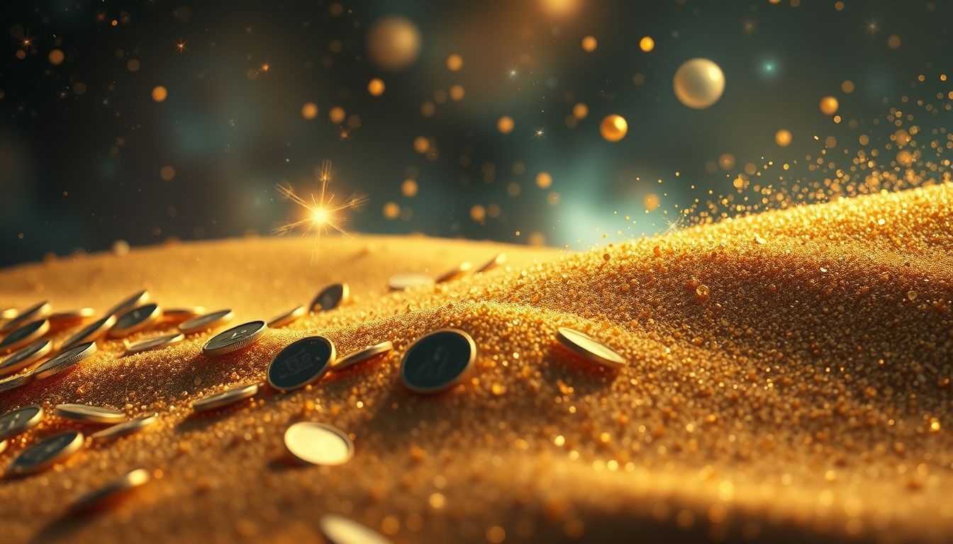 Centen die veranderen in zand symboliseren vergankelijkheid van rijkdom.