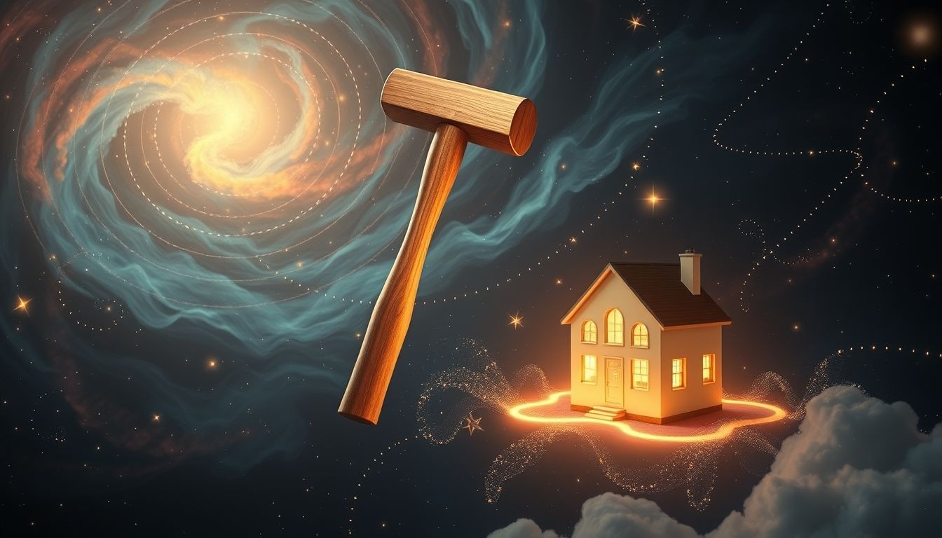 Dromen over een houten hamer symboliseert bouw en bescherming van huis.
