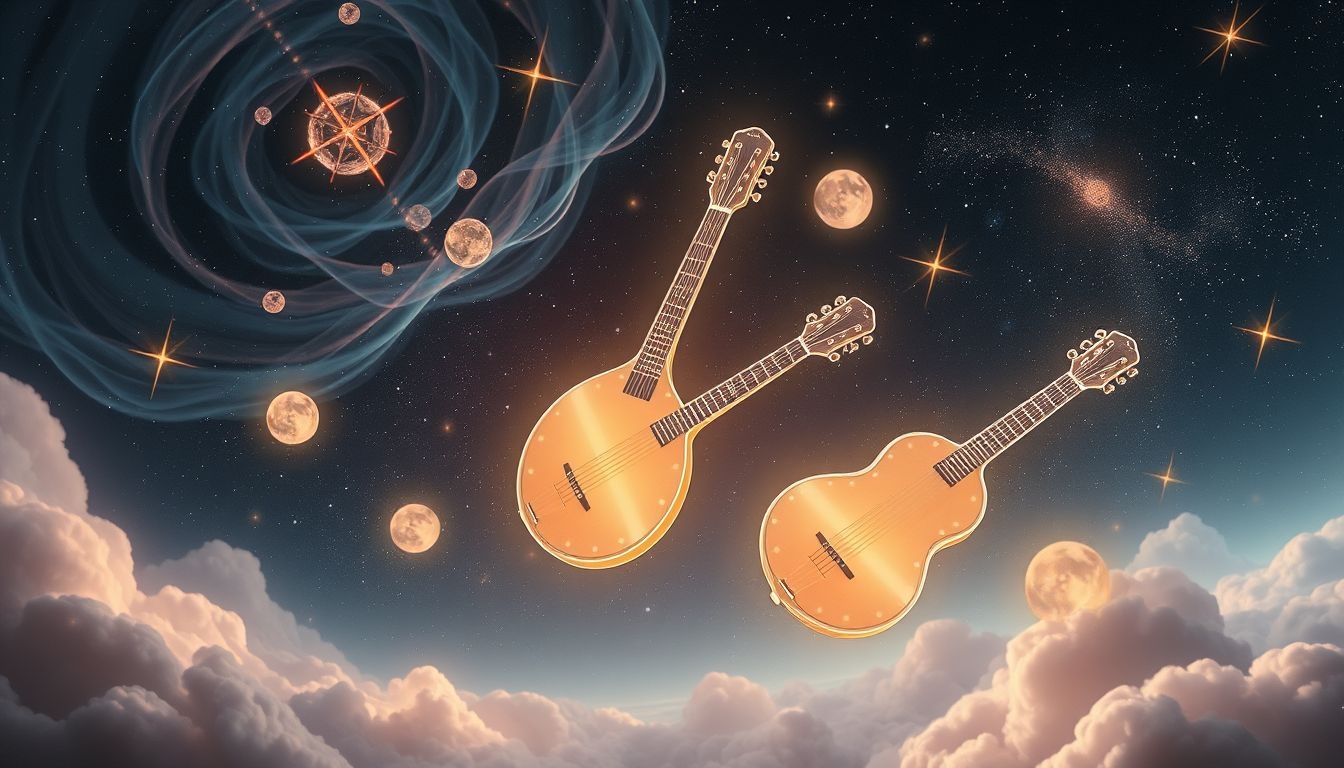 Dromen over mandolines en piano symboliseren harmonie en creatieve samenwerking.