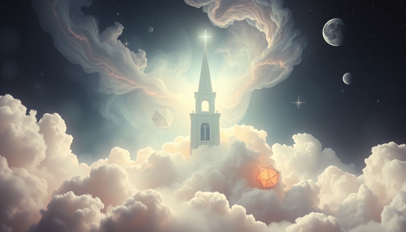 Een witgekalkte kerktoren symboliseert spirituele zuiverheid en hoop.