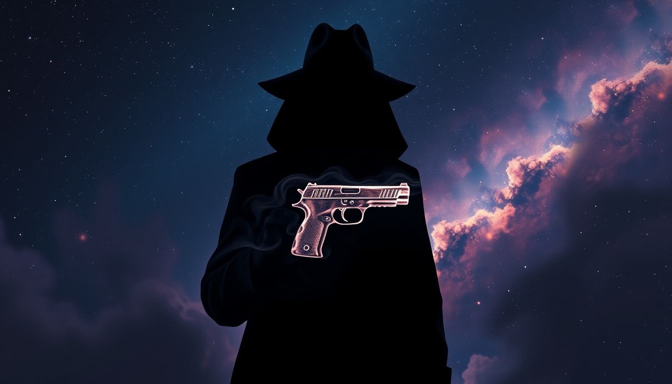 Een detective met pistool symboliseert het zoeken naar waarheid met vastberadenheid.