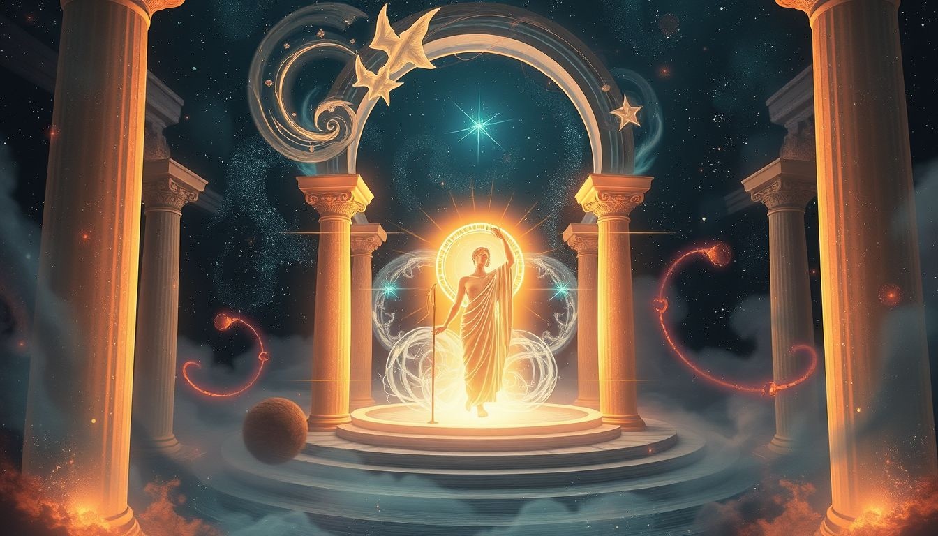 Hermes in een tempel symboliseert goddelijke communicatie en wijsheid.