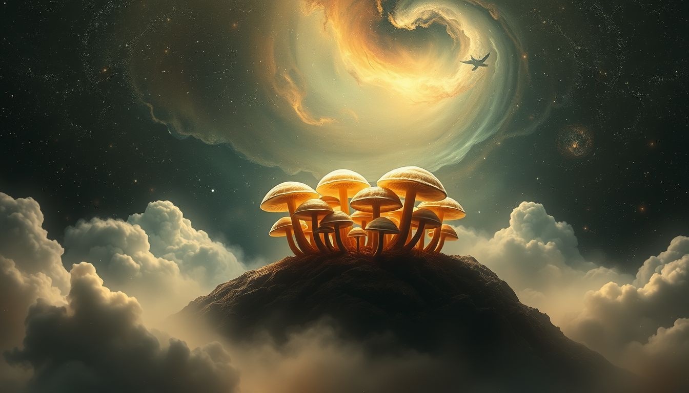 Dromen over paddenstoelen op een graf symboliseren vergankelijkheid en transformatie.