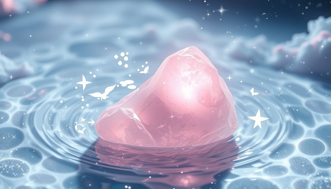Rozenkwarts in water symboliseert emotionele zuiverheid en heling.