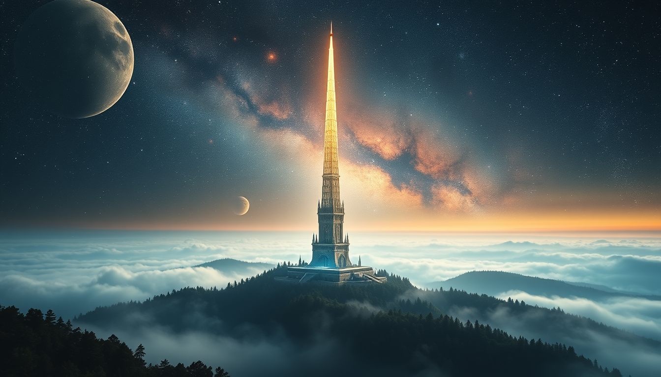 Een torenspits symboliseert vaak spiritueel inzicht en natuurverbinding.