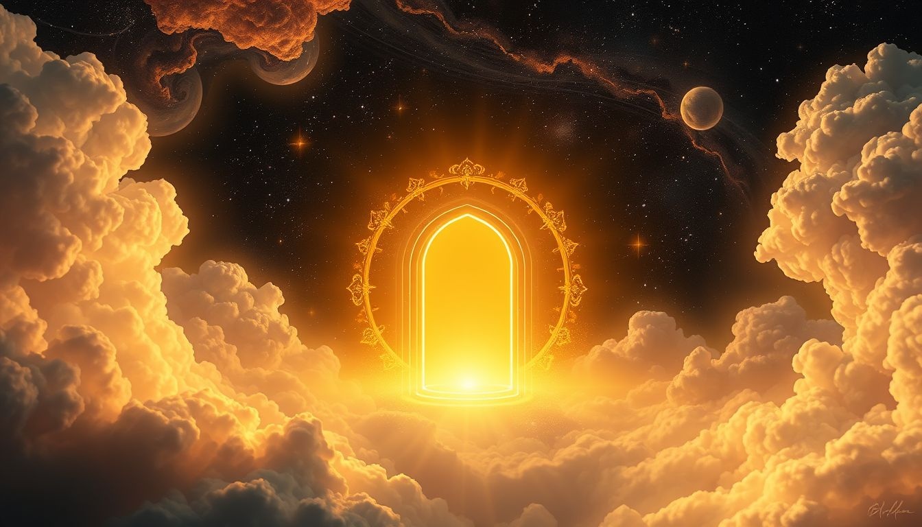 Een gouden hemelpoort symboliseert spirituele rijkdom en verlichting.