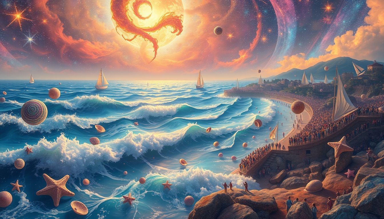Een drukke strandbaai symboliseert levendige sociale interacties en energie.
