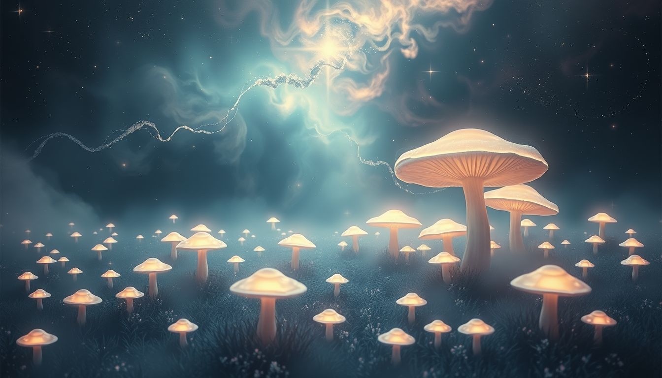 Een veld vol paddenstoelen symboliseert onverwachte groei en transformatie.