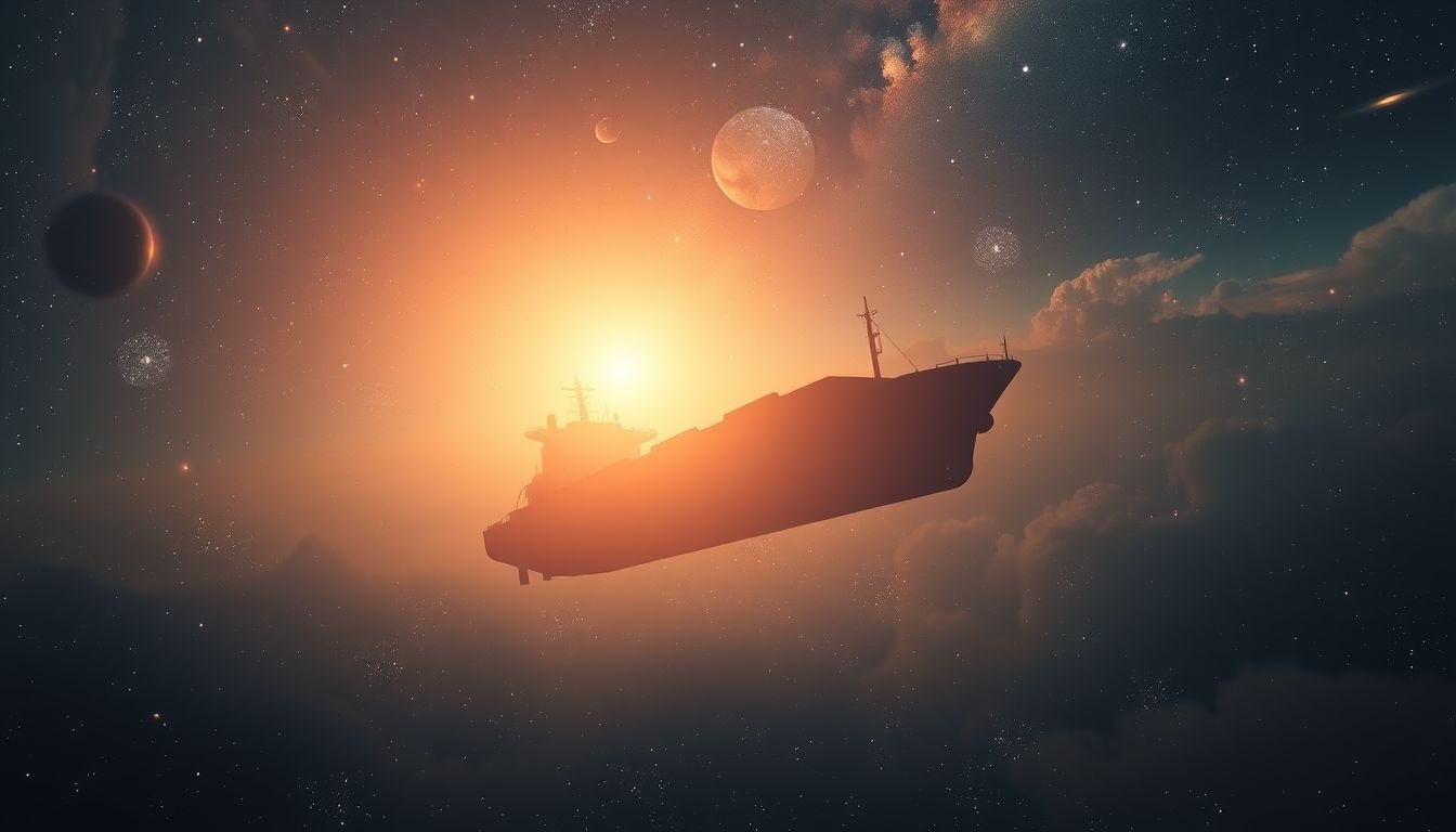 Een vertrekkend vrachtschip symboliseert nieuwe kansen en afscheid.