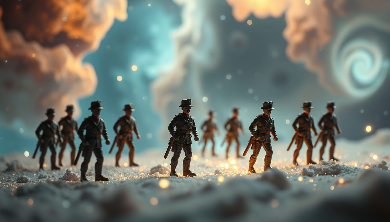 Droom 21 symboliseert conflicten door tinnen soldaten met diverse uniformen.