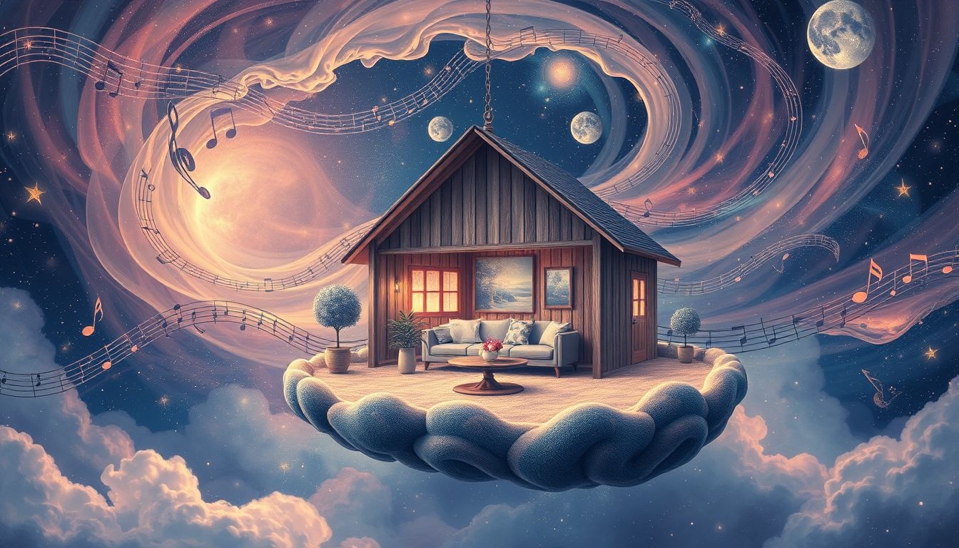 Een boerderijwoonkamer vol muziek symboliseert harmonie en creativiteit.