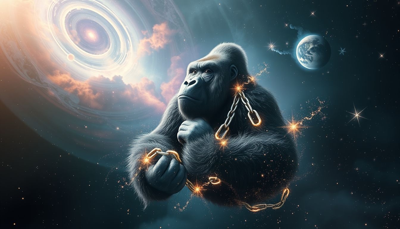 Een gevangen gorilla symboliseert innerlijke kracht die onderdrukt wordt.