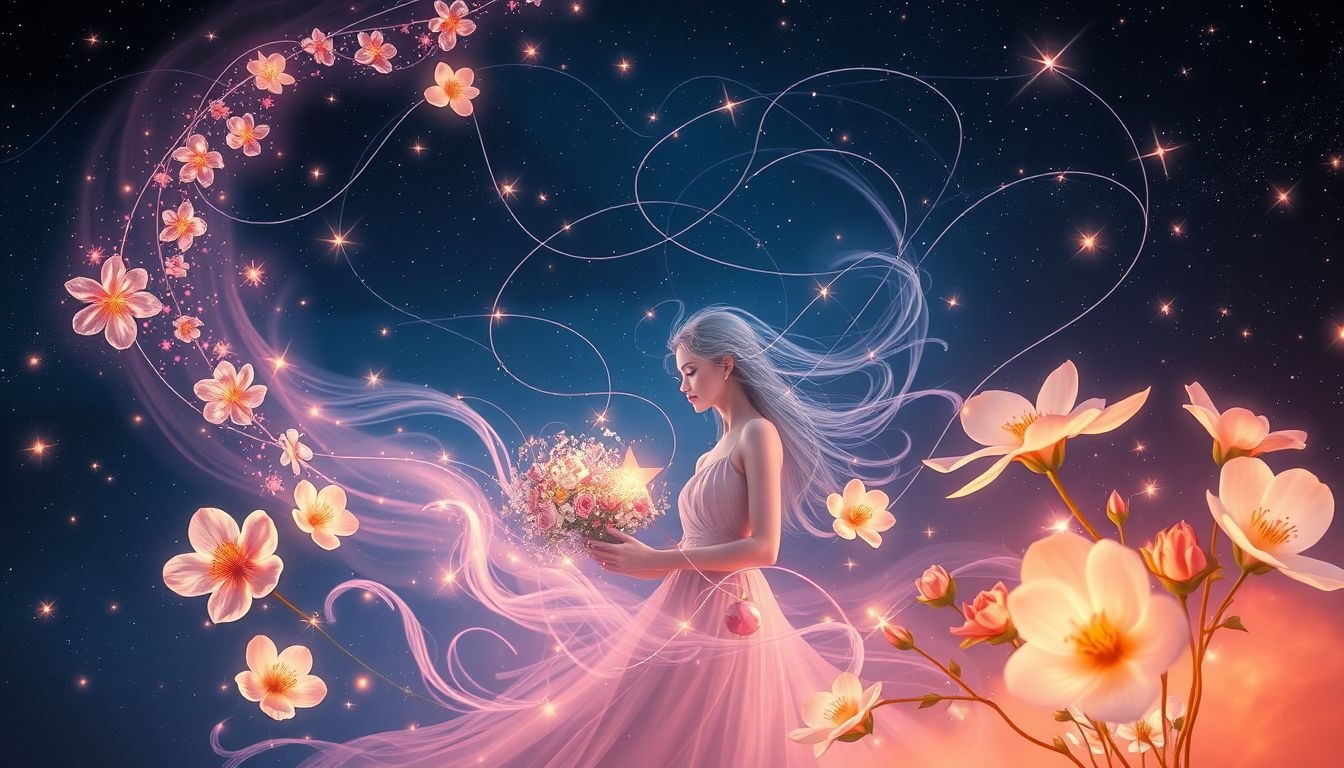 Een koopvrouw in bloemen symboliseert groei en nieuwe kansen.