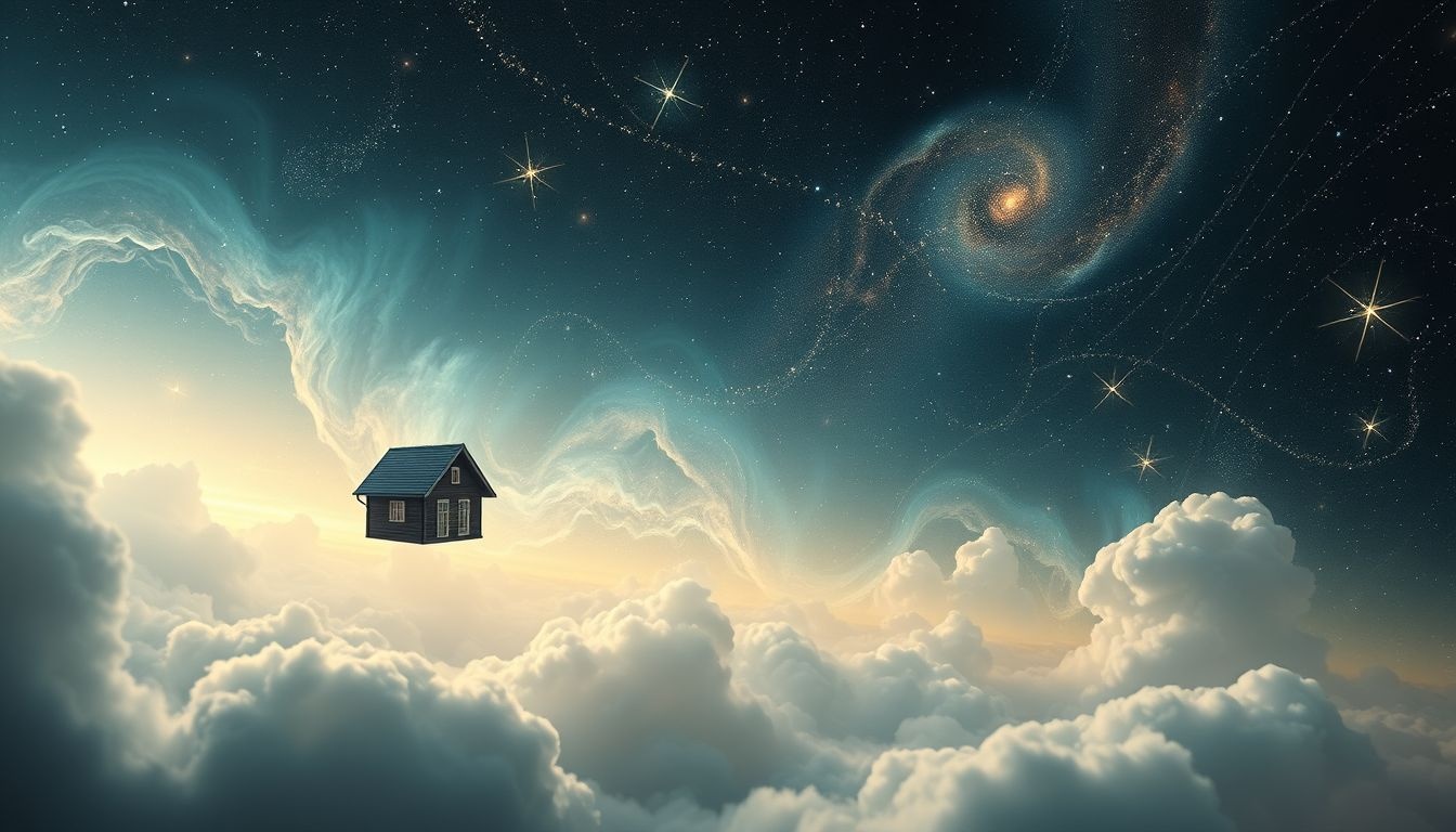 Een vliegend huis symboliseert vrijheid en emotionele loskoppeling.