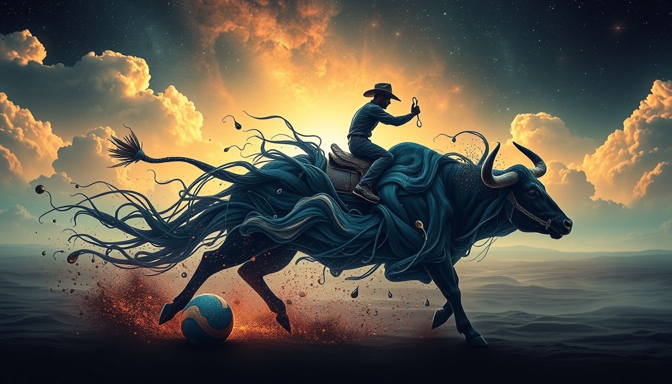 Een rodeo in de regen symboliseert emotionele strijd en doorzettingsvermogen.