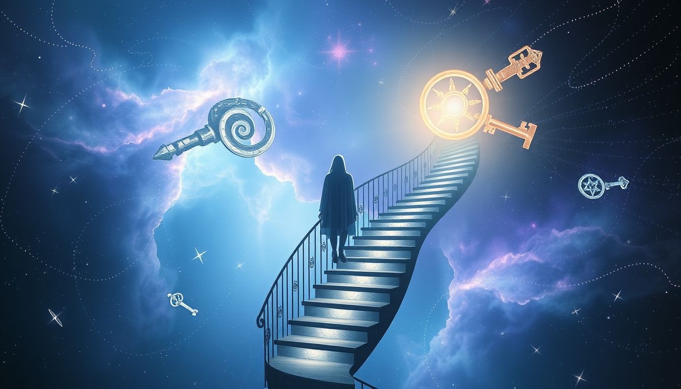 Een zaalwacht op een trap symboliseert controle over levensstappen.