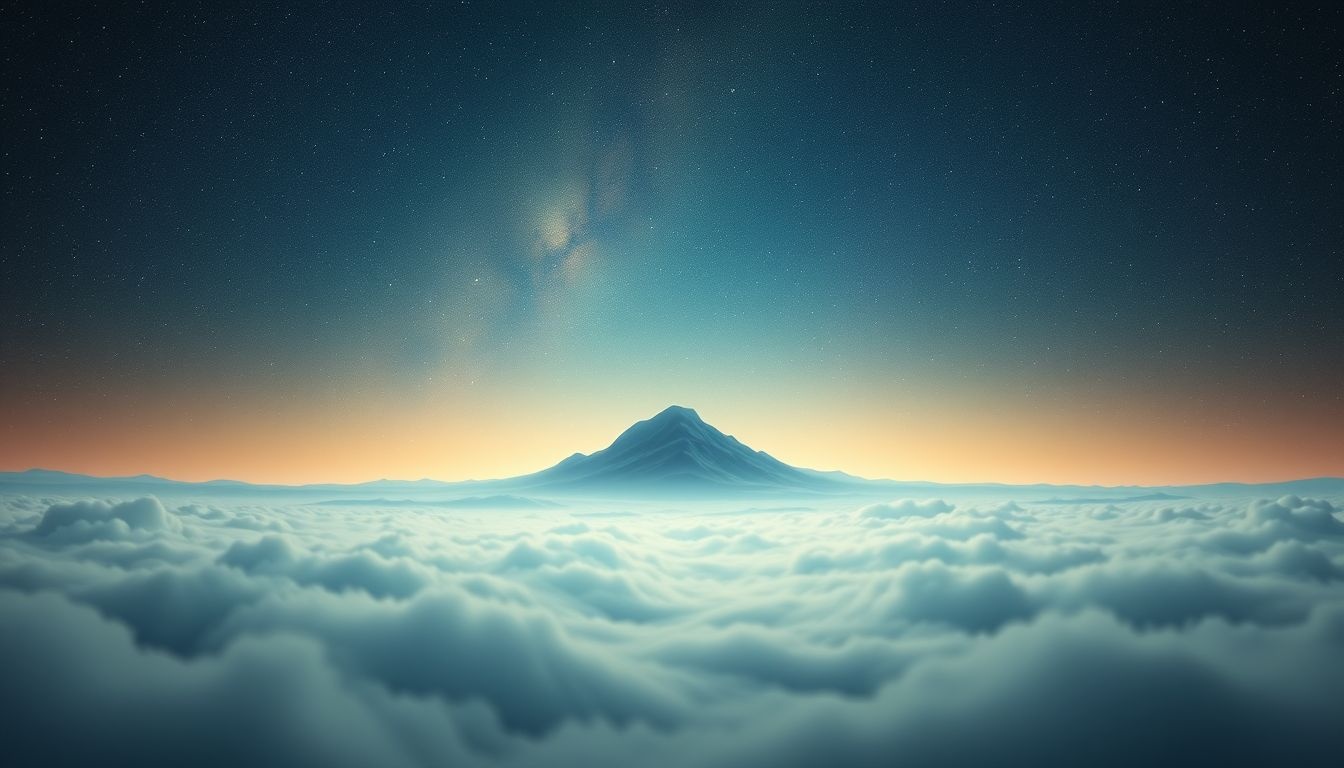 Een berg in de verte symboliseert toekomstige uitdagingen en doelen.