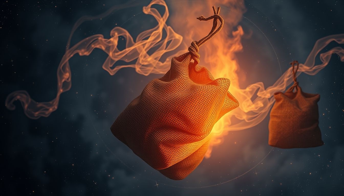 Brandende jute zakken symboliseren loslaten van oude lasten.