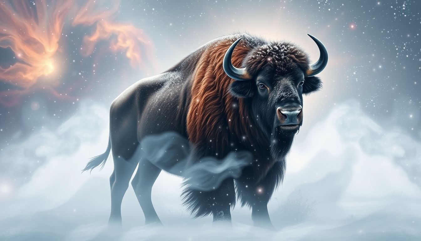 Een buffel in de sneeuw symboliseert innerlijke kracht en kalmte.