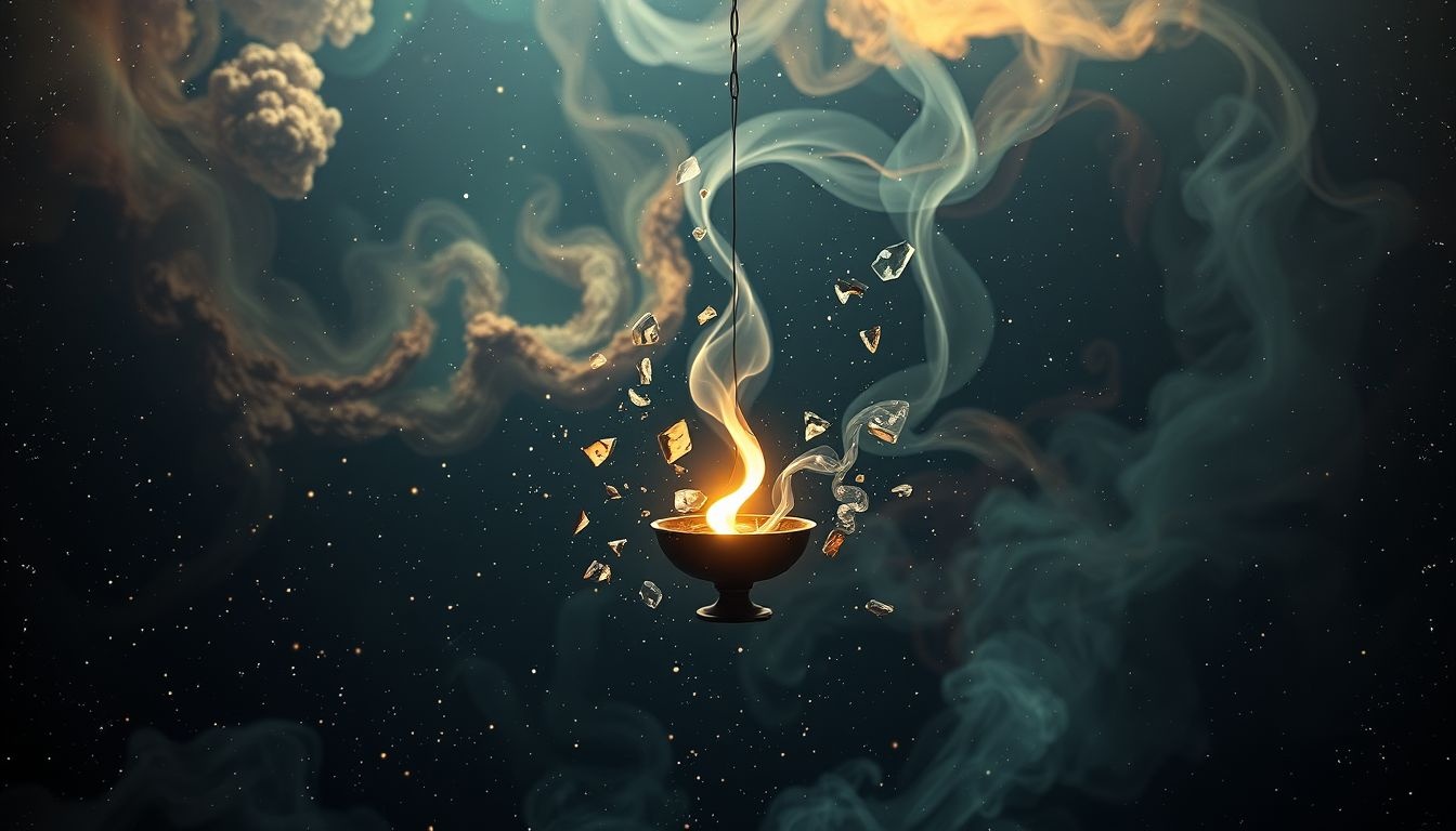 Een gebroken wierookvat symboliseert verlies van spirituele harmonie en rust.