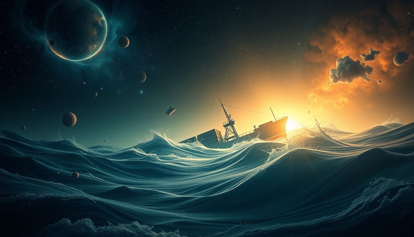 Een zinkend vrachtschip symboliseert verlies en onafgemaakte zaken.