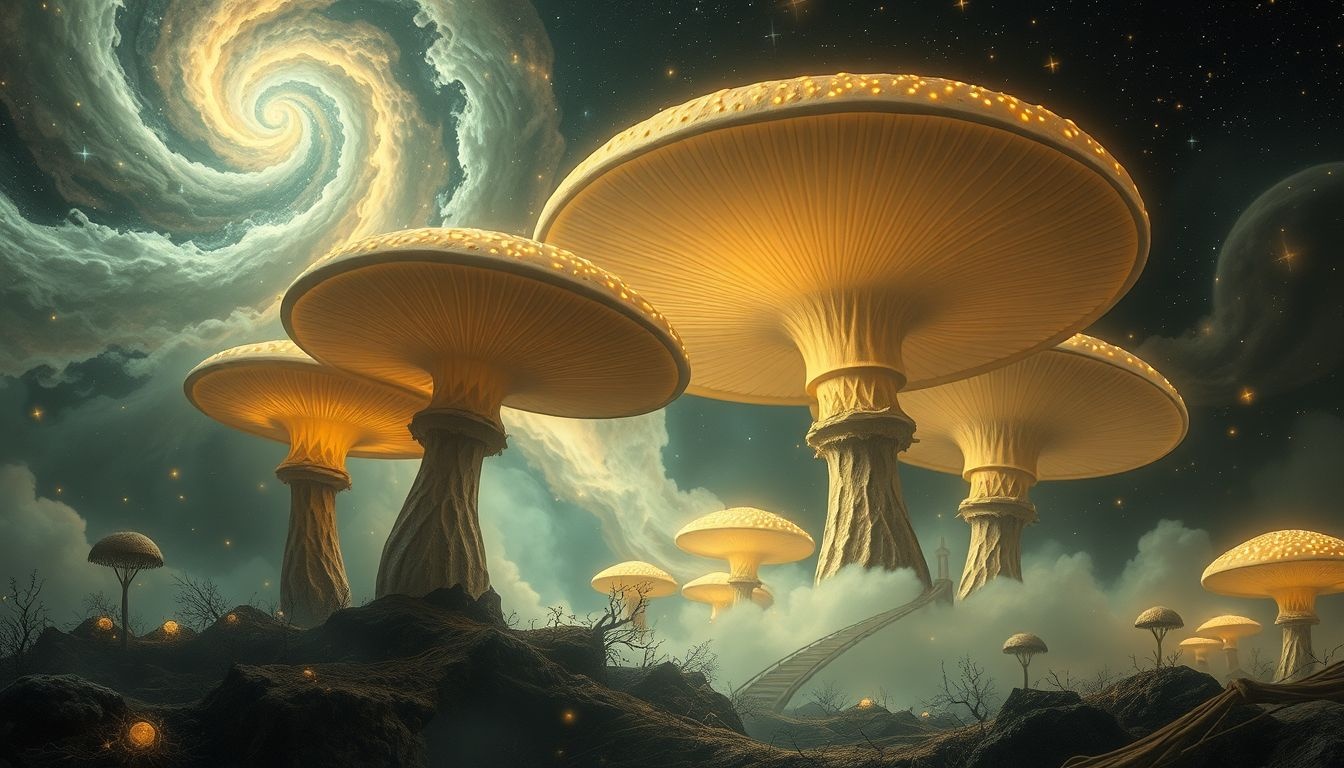 Grote paddenstoelen symboliseren onverwachte groei en verborgen kansen.