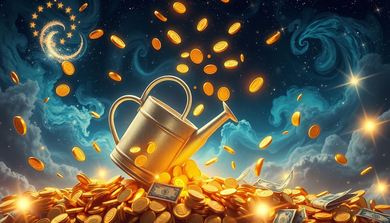 Een gieter vol geld symboliseert overvloed en financiële groei.
