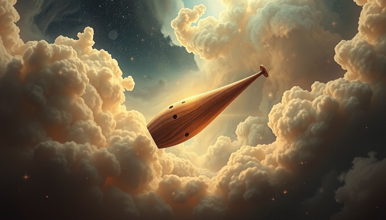 Een houten ocarina in droom symboliseert vreedzame communicatie en creativiteit.