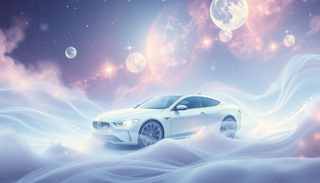 Een parelmoeren auto symboliseert luxe en spirituele transformatie.