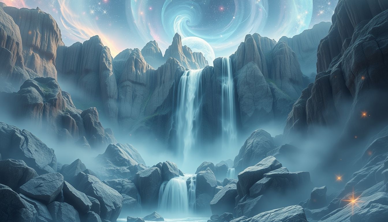 Een waterval in het Oeralgebergte symboliseert innerlijke emotionele zuivering.