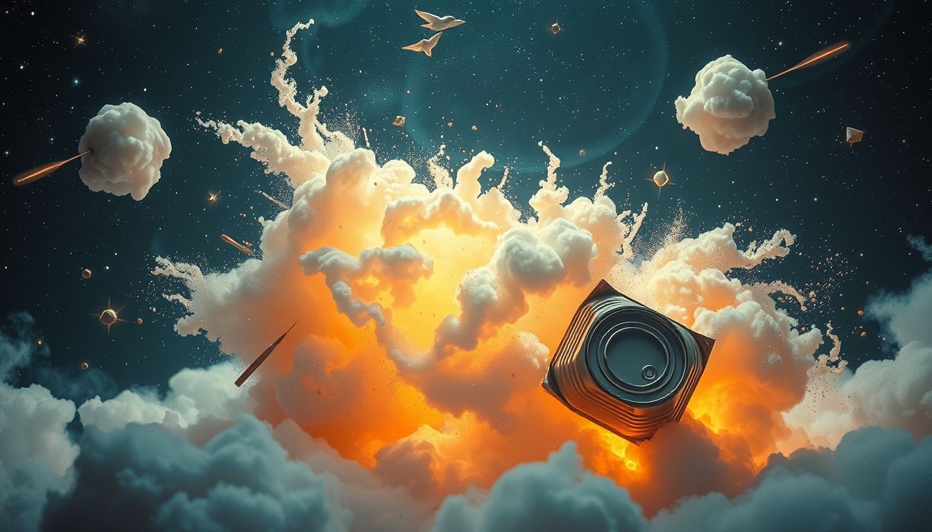 Exploderende conservenblikken symboliseren opgebouwde emoties die breken.